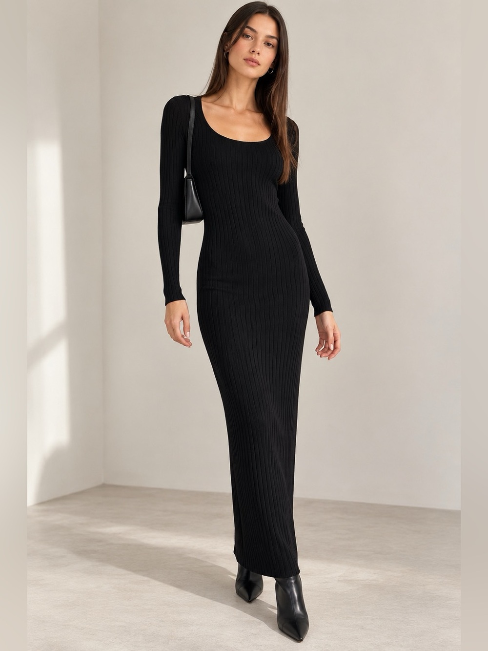 ZARA Black Ribbed Knit Long Sleeve Bodycon Maxi Dress Size S